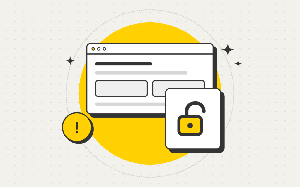 Ilustração de um site com um cadeado aberto grande ao lado e um selo de alerta, indicando site invadido
